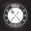 BBQ party grunge stamp isolated on blackboard texture with chalk rubbed background. Barbecue icon or logo with fork and spatula. Royalty Free Stock Photo